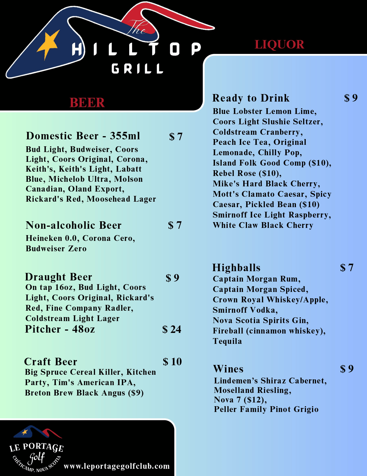 Hilltop Grill drinks menu board