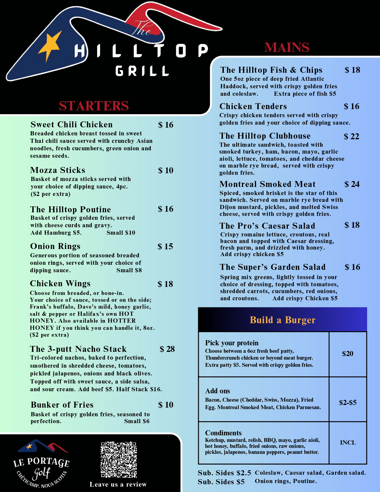 Hilltop Grill food menu board